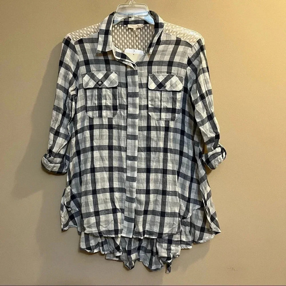 RYU Plaid Button Up Tie Waist Tunic Shirt Belt Lace Size Medium NWT - Picture 1 of 11